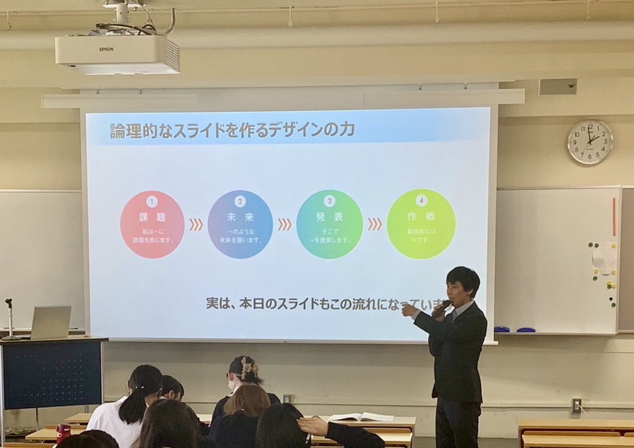 平安女学院高校にて行ったプレゼンの出張授業風景、生徒達の様子。